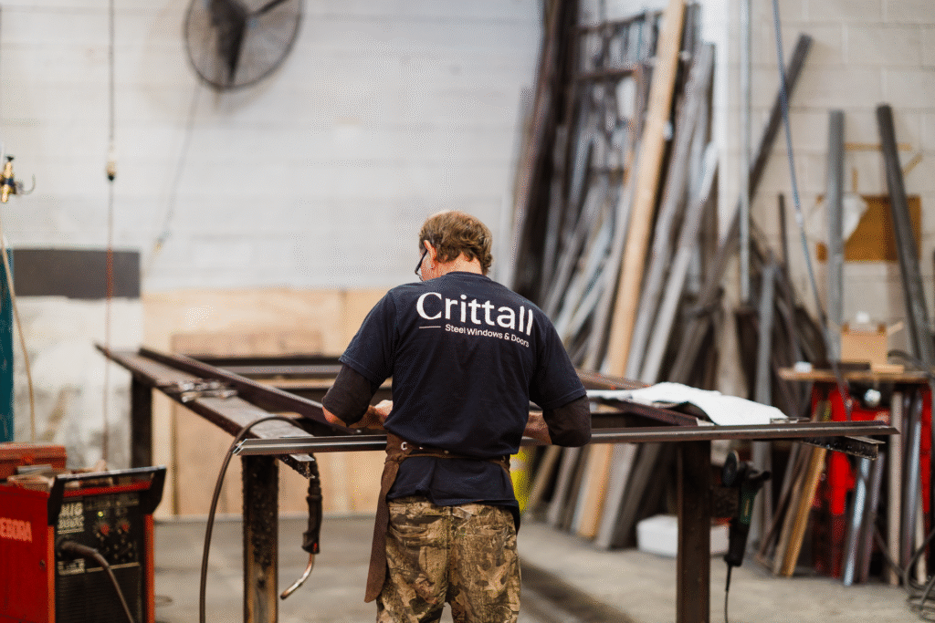 Close-up of steel materials in the Crittall workshop, photographed for content and marketing use